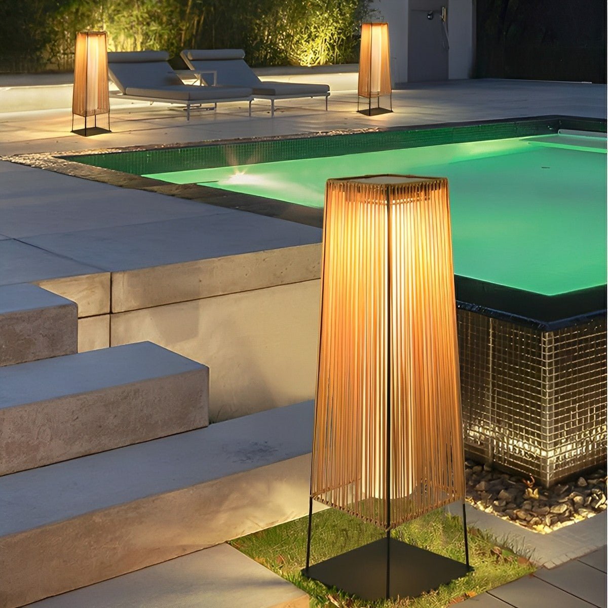 Artisanal Modern Waterproof Rattan LED Outdoor Floor Lamp Lantern