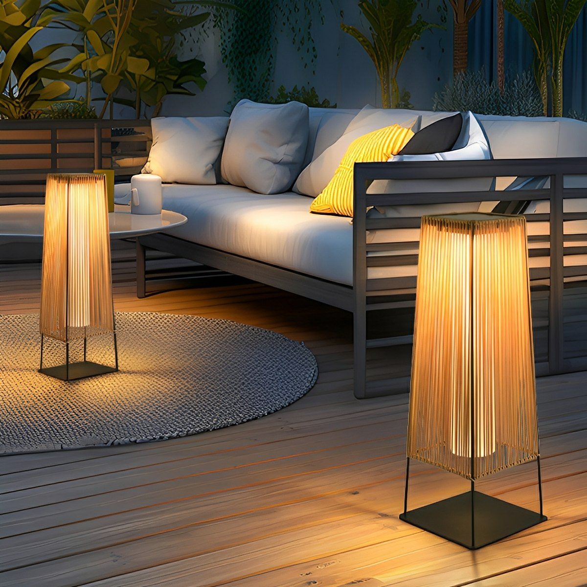 Artisanal Modern Waterproof Rattan LED Outdoor Floor Lamp Lantern
