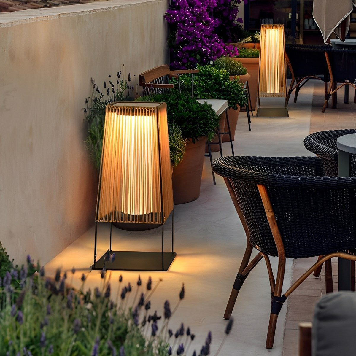 Artisanal Modern Waterproof Rattan LED Outdoor Floor Lamp Lantern