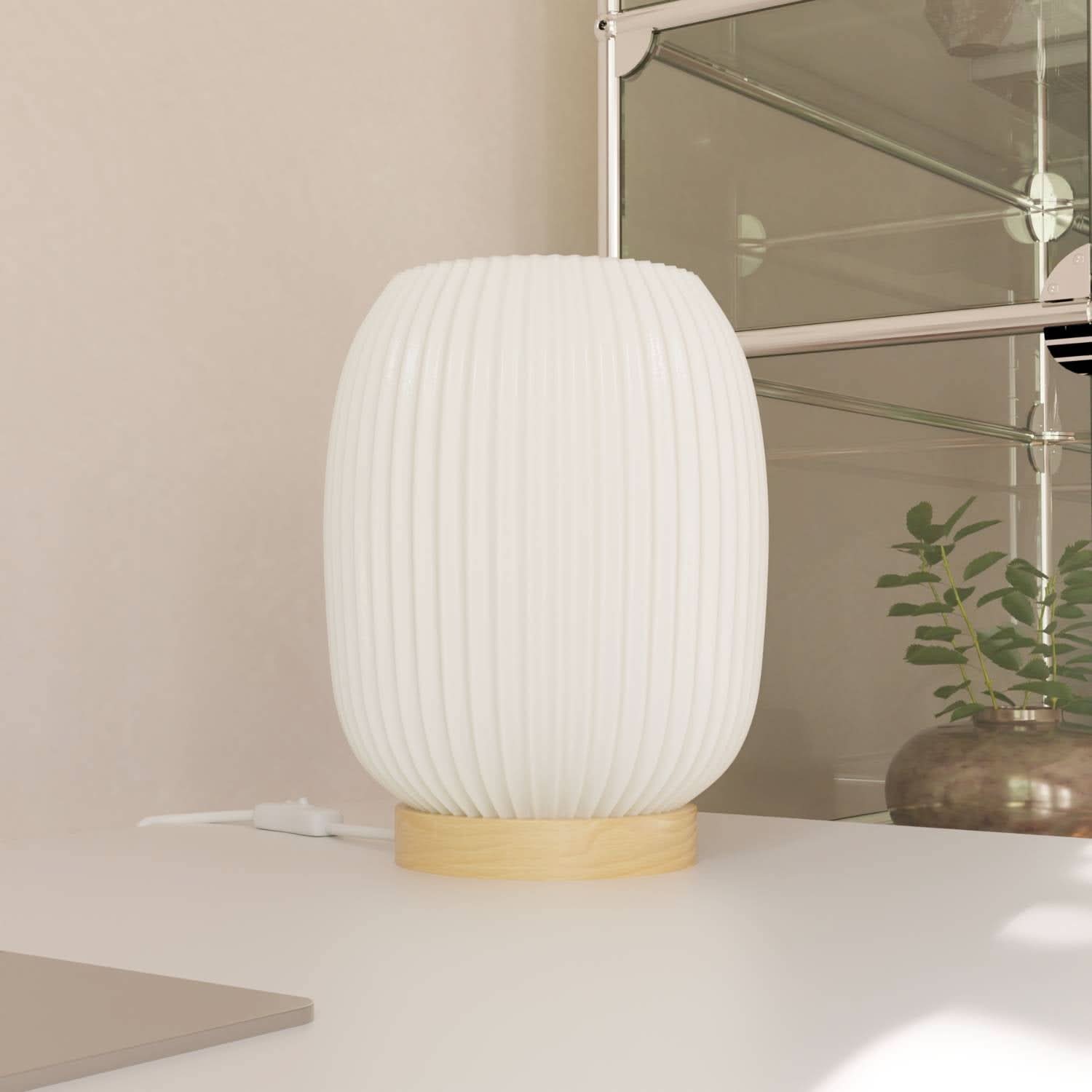 Bedside Lamps White Ribbed Ceramic Wood Base