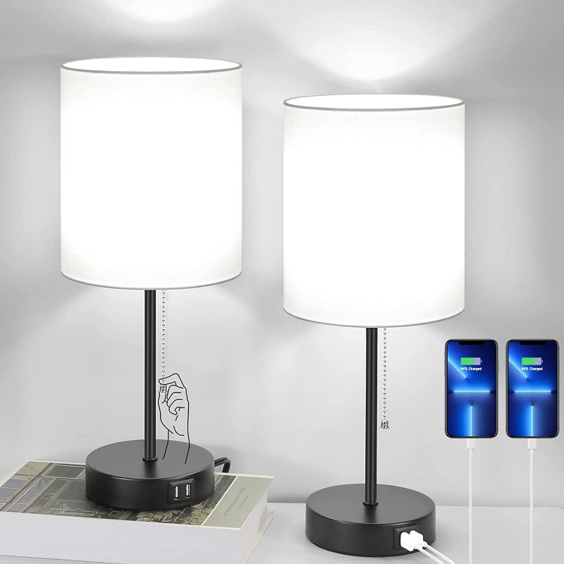 Set of 2 Modern Table Lamps with USB Ports & AC Outlet