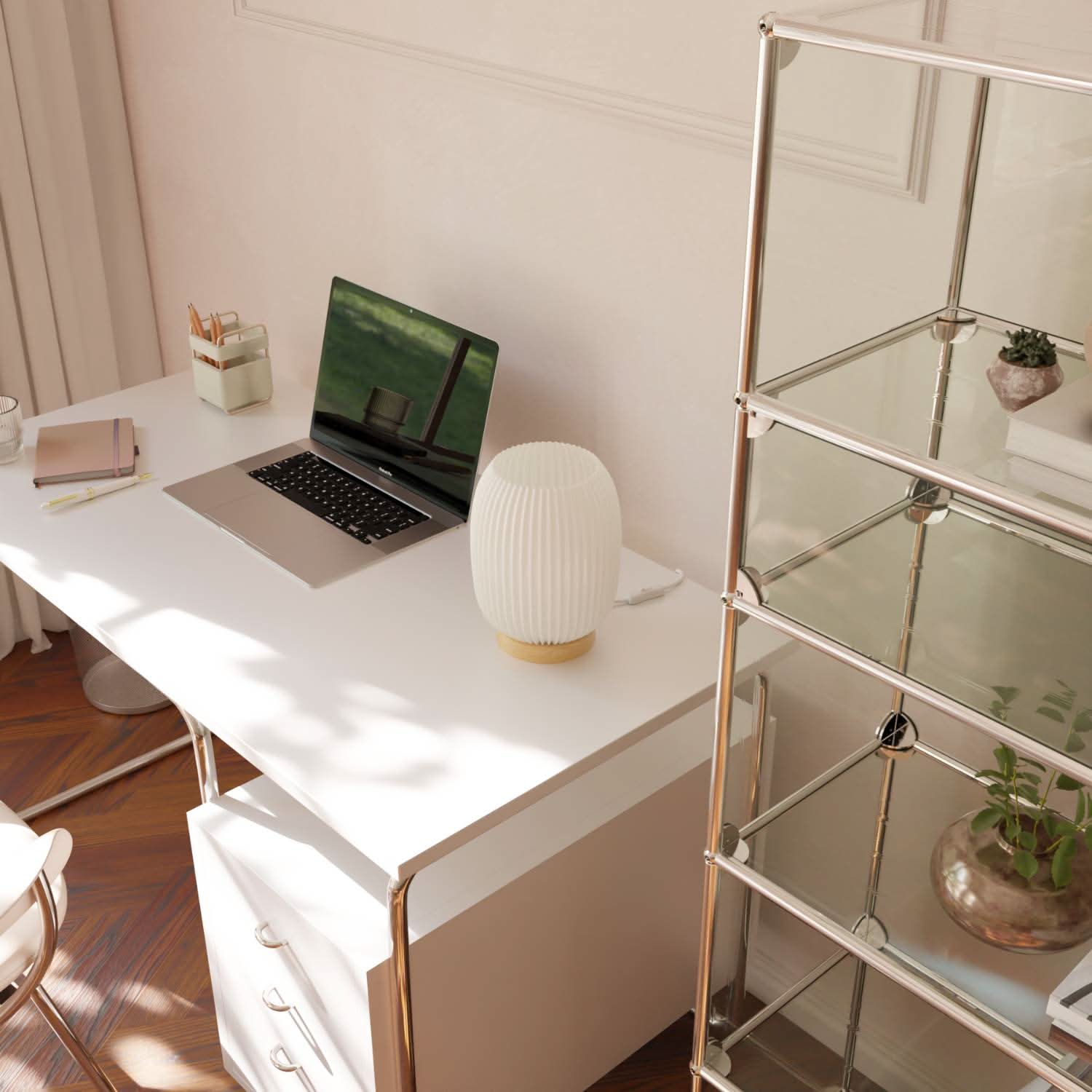 Bedside Lamps White Ribbed Ceramic Wood Base