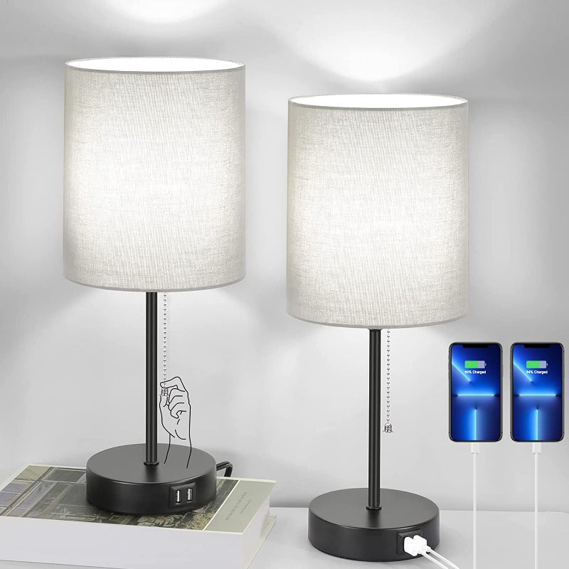 Set of 2 Modern Table Lamps with USB Ports &amp; AC Outlet