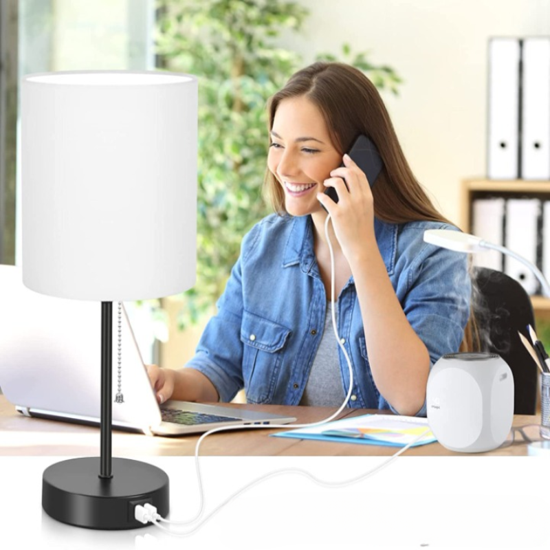 Set of 2 Modern Table Lamps with USB Ports &amp; AC Outlet