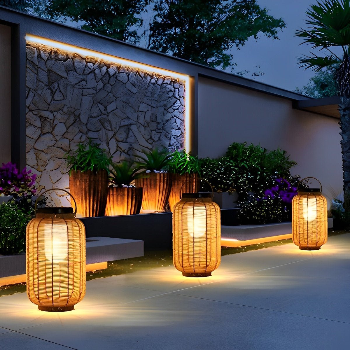 Portable Lantern Rattan LED Waterproof Solar Outdoor Lights Floor Lamp